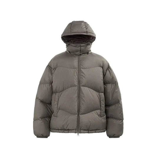 Mandotos thin, portable puff down jacket with hood in solid color, lightweight and insulated for cold weather.