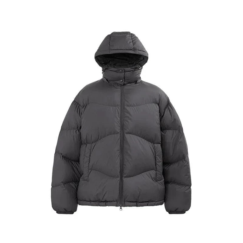 Mandotos thin, portable puff down jacket with a solid color hood, lightweight and suitable for cold weather.