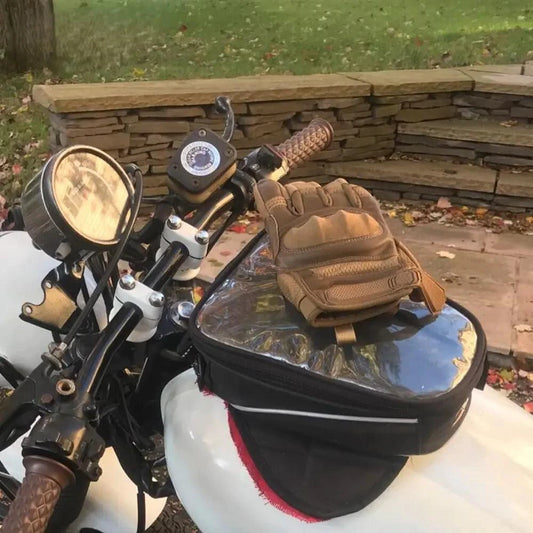 Mandotos touchscreen leather motorcycle gloves showing black leather design with touchscreen-compatible fingertips.