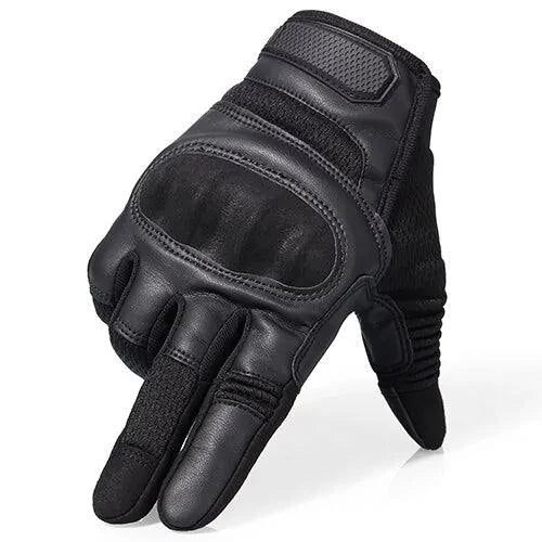 Mandotos touchscreen leather motorcycle gloves with reinforced palms and adjustable wrist strap for riding comfort and protection.
