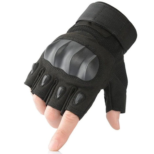 Black leather motorcycle gloves with touchscreen fingertips by MANDOTOS, featuring reinforced knuckles and adjustable wrist straps.