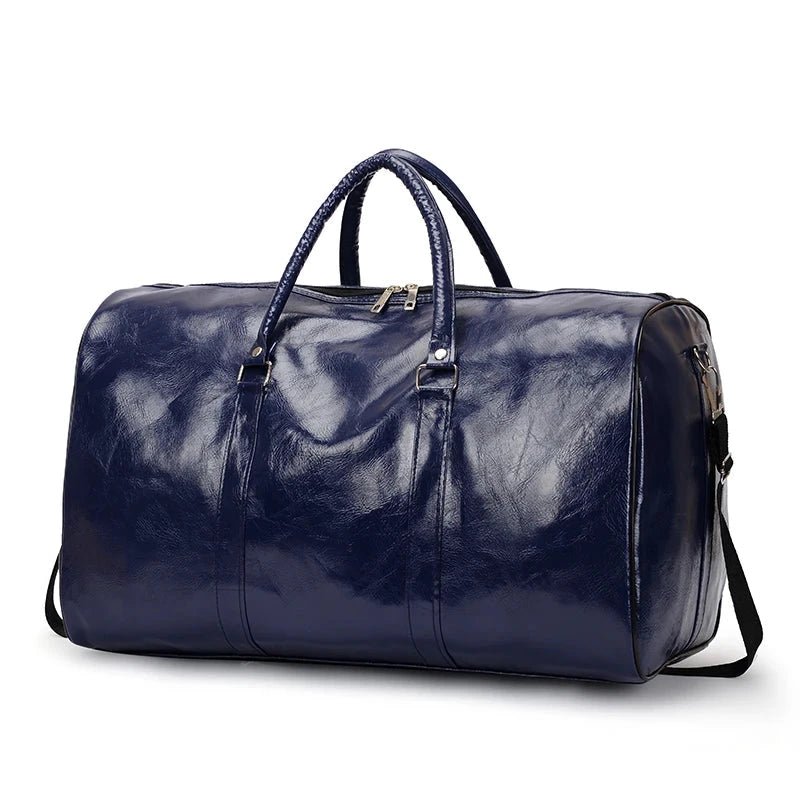 Mandotos men's and women's travel bag made of PU leather with large capacity, shoulder strap, and versatile tote and duffle style.