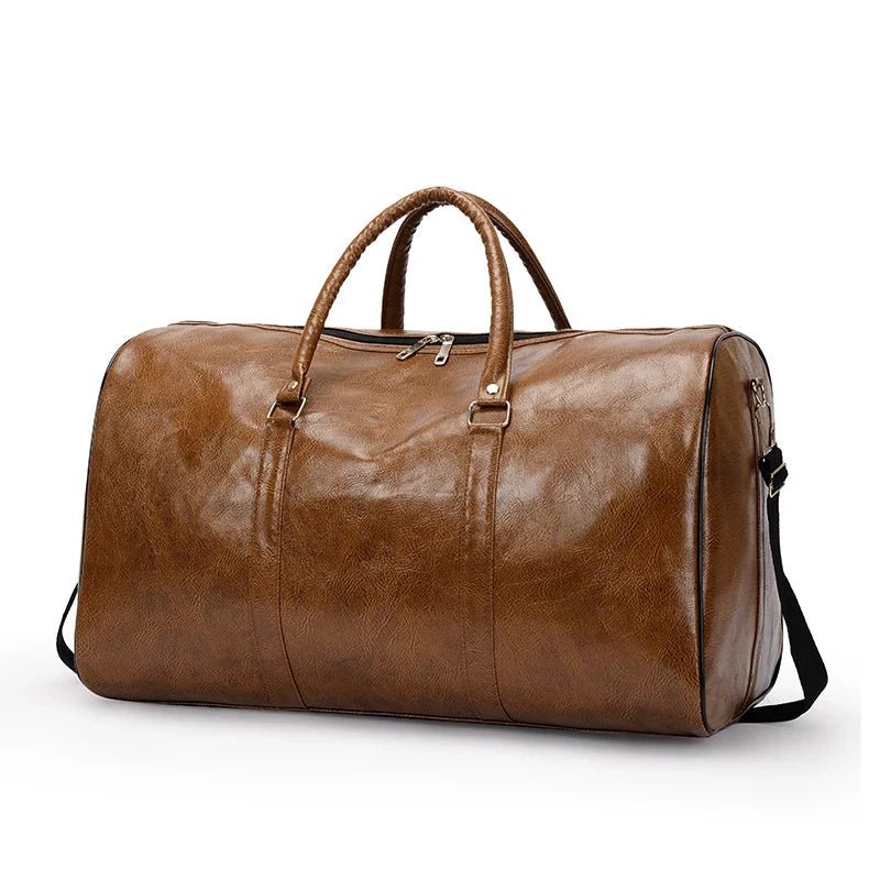 Mandotos travel bag for men and women featuring PU leather, large capacity, shoulder strap, and versatile tote and duffle design.