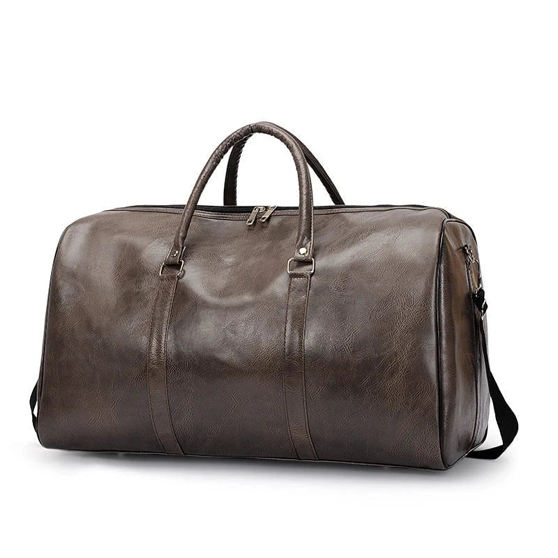 Mandotos travel bag for men and women featuring PU leather, large capacity, duffle style, shoulder strap, and sports luggage design.