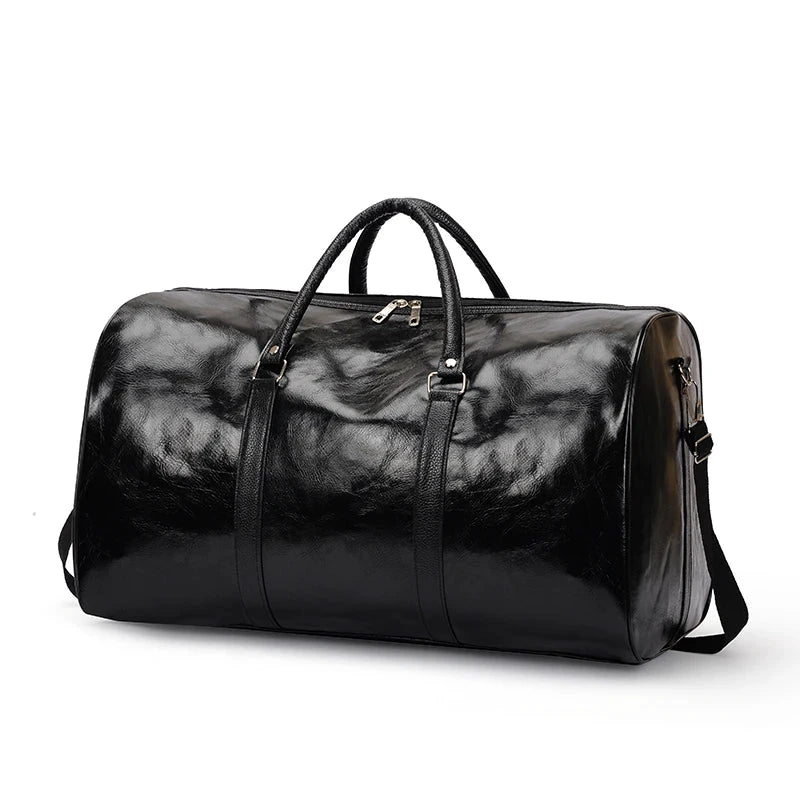 Mandotos travel bag for men and women, large capacity PU leather shoulder tote with crossbody strap and sports luggage style.