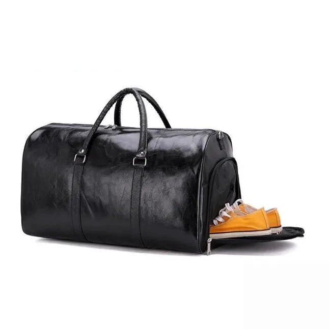 Mandotos travel bag for men and women, large capacity PU leather shoulder duffle bag with crossbody strap and sports style.