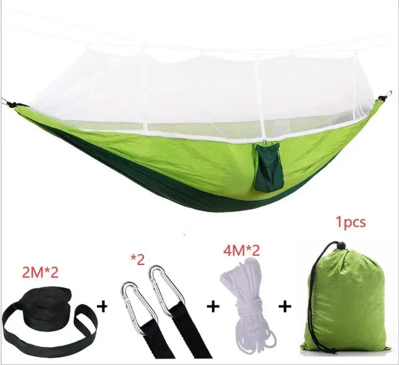 Mandotos Traveler's Mosquito-Free Hammock with integrated net, lightweight and portable for outdoor camping and relaxing.