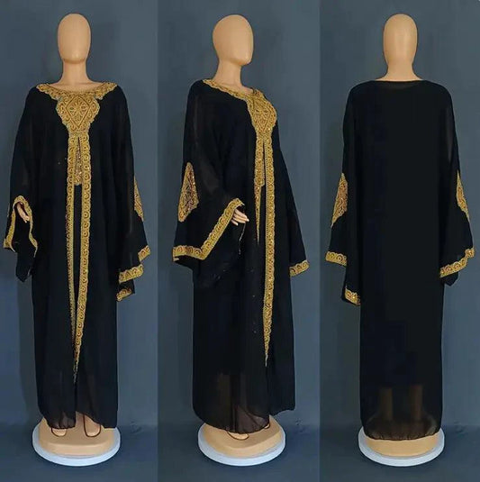 Mandotos two-piece gold kaftan abaya dress with flowing fabric and elegant design, perfect for stylish modest wear.