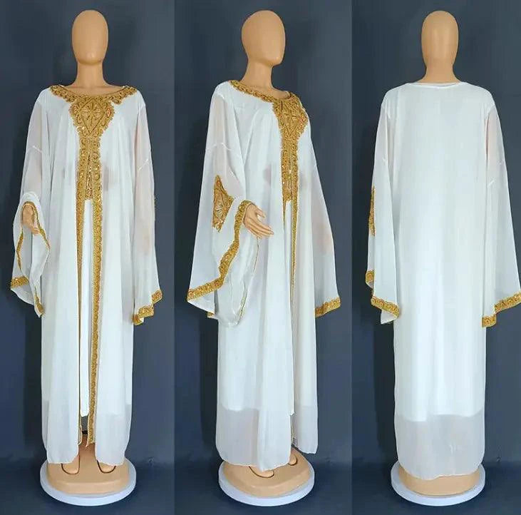 Mandotos two-piece gold kaftan abaya dress with flowing fabric and elegant design, perfect for stylish and modest occasions.