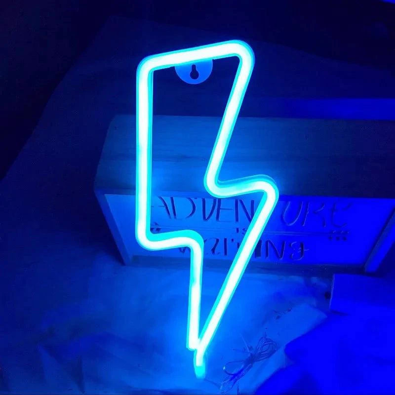 Mandotos USB and battery-powered LED neon lightning sign with bright, colorful lightning bolt design for decorative lighting.