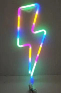 Mandotos USB and battery-powered LED neon lightning sign with bright, colorful lightning bolt design for decorative lighting.