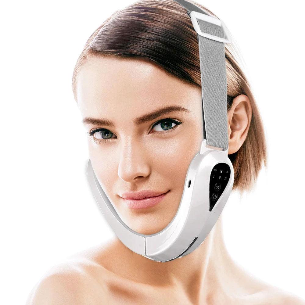 Mandotos V-Lift Face Massager for sculpted jawline and double chin reduction, showing the handheld device on a person's face.