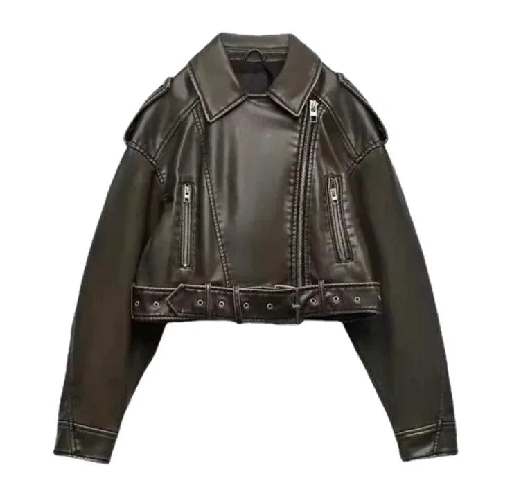 Mandotos washed faux leather jacket with a classic design, featuring a smooth, distressed finish and stylish collar for a modern look.