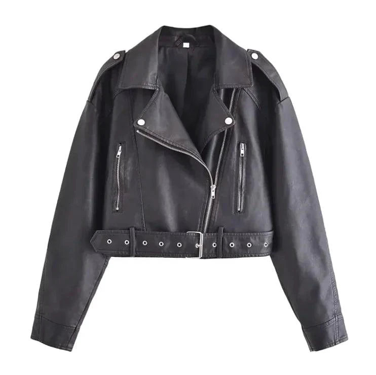 Mandotos washed faux leather jacket displayed on a hanger, showcasing its classic design and textured material.