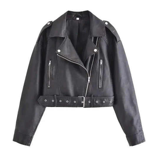 Mandotos washed faux leather jacket displayed on a hanger, showcasing its classic design and textured material.