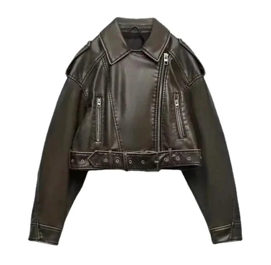 Mandotos washed faux leather jacket, stylish and casual with a smooth, distressed leather look, front view with zipper detail.