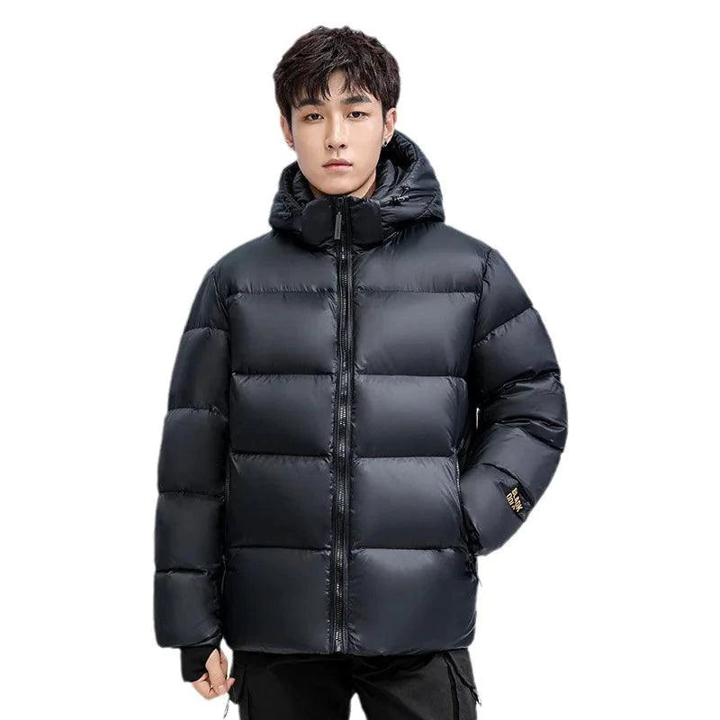 Mandotos winter black and gold down jacket for couples, featuring stylish, insulated outerwear suitable for cold weather.