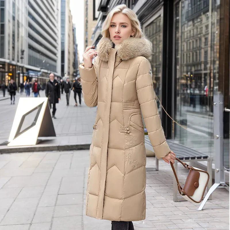 Mandotos winter long coat with thickened fur collar, stylish and warm outerwear for cold weather, shown in a natural pose.