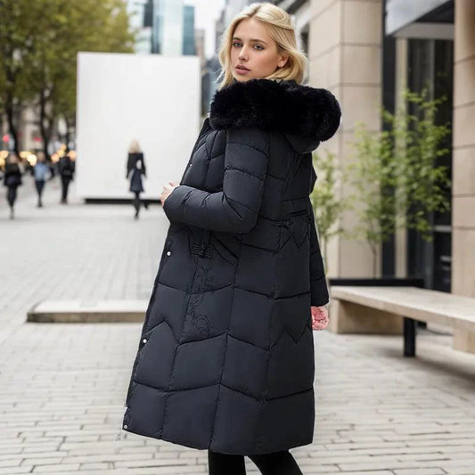 Mandotos winter long coat with thickened fur collar, stylish and warm outerwear for cold weather.