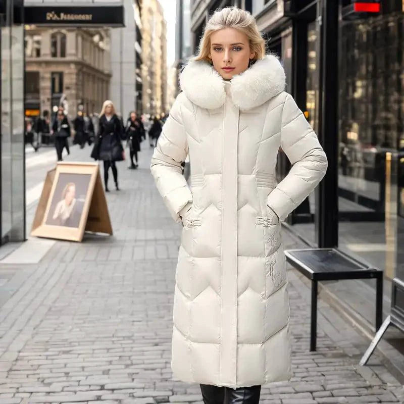 Mandotos winter long coat with thickened fur collar, stylish and warm outerwear for cold weather.
