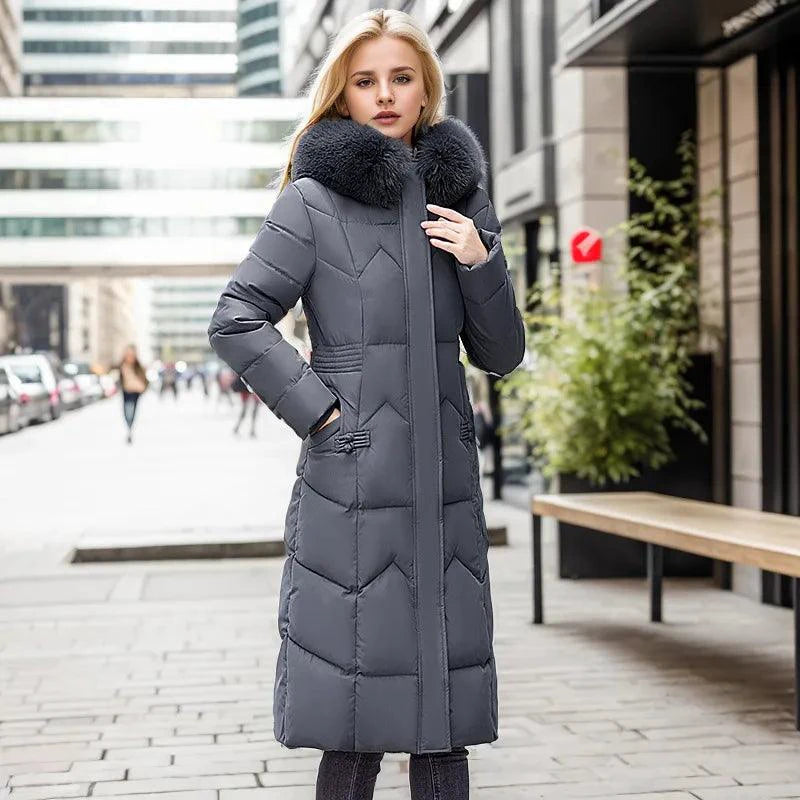 Mandotos winter long coat with thickened fur collar, featuring a stylish and warm outerwear design for cold weather.