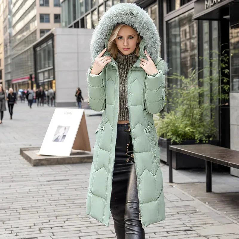 Mandotos winter long coat with thickened fur collar, stylish and warm outerwear for cold weather, displayed on a mannequin.