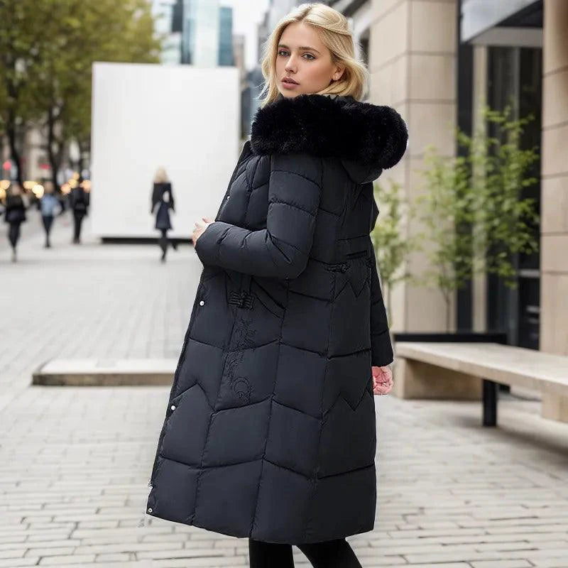 Mandotos winter long coat with thickened fur collar, featuring a stylish and warm outerwear design for cold weather.