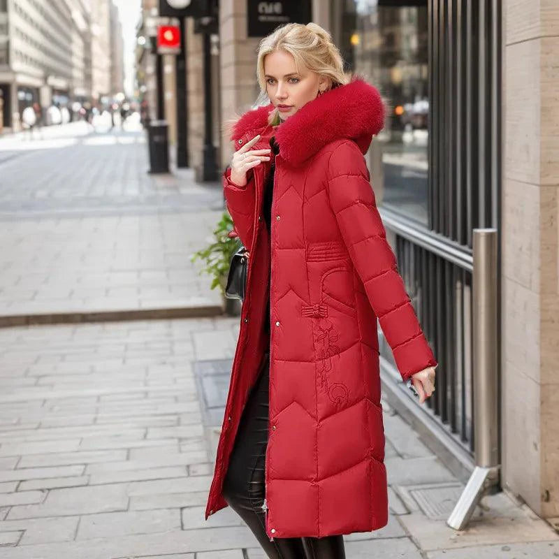 Mandotos winter long coat with thickened fur collar, stylish and warm outerwear for cold weather, shown in black.