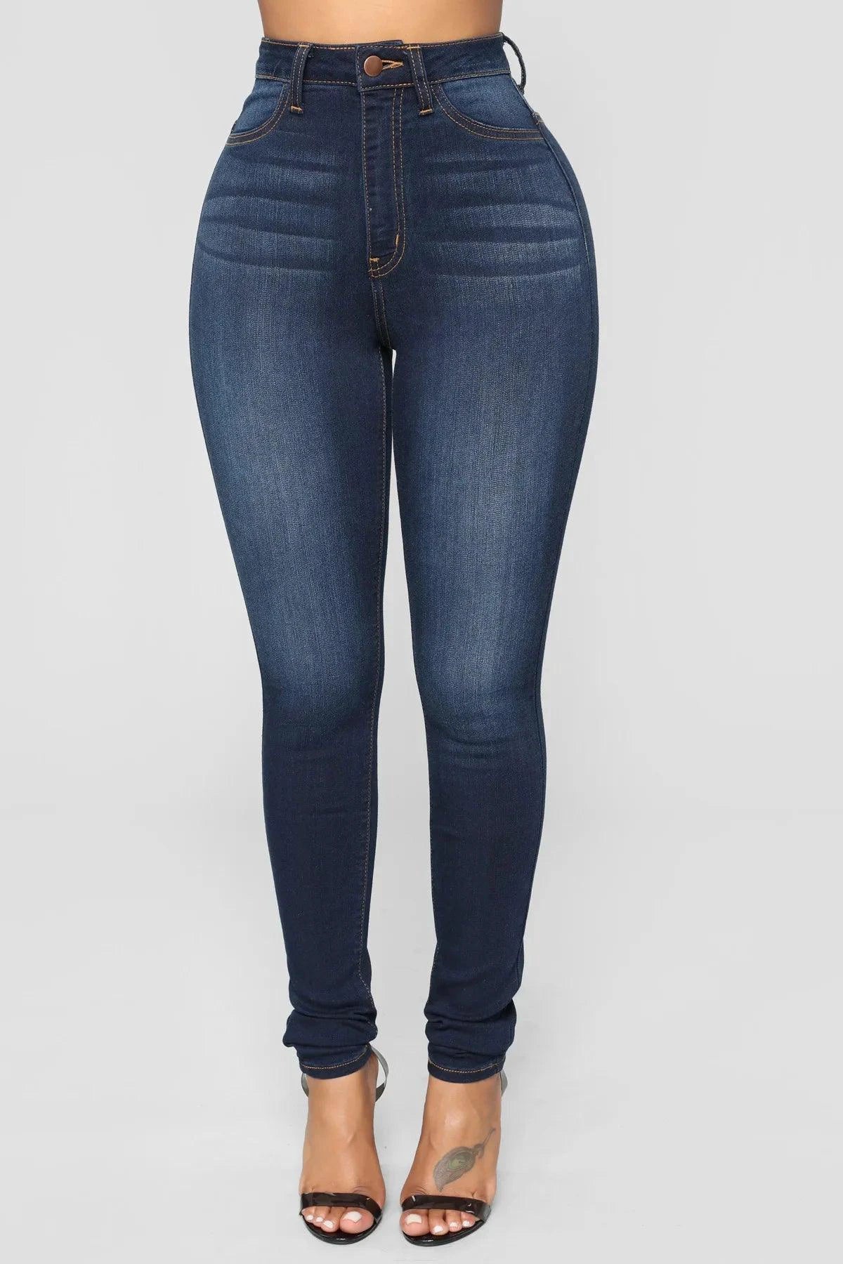 Women’s high waist stretch denim skinny jeans by MANDOTOS, full-length, solid color, with a hip-lift design and slim fit.