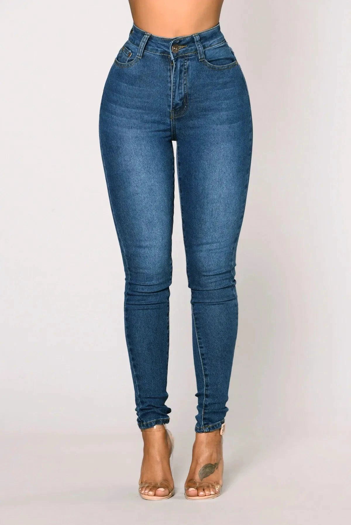 Mandotos women's high waist stretch denim skinny jeans with full length, solid color, and hip lift design.