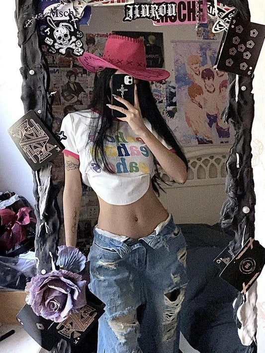 Plus size ripped denim women's pants by MANDOTOS with high waist and wide-leg, perfect for summer retro street style.