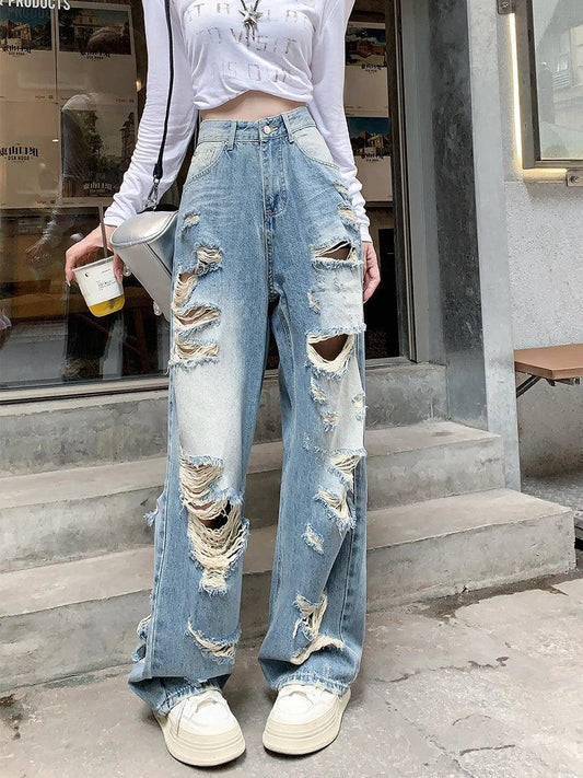 Plus size high waist straight-leg denim pants for women by MANDOTOS with American hole detailing.