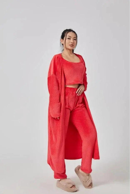 Women's cozy 3-piece lounge set from MANDOTOS featuring a pajama top, bottoms, and a matching cardigan for comfortable relaxation.