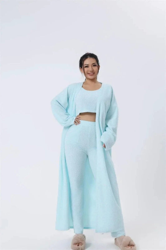 Women's 3-piece cozy lounge set by MANDOTOS with pajama top, bottoms, and matching cardigan, soft and comfortable for relaxing.