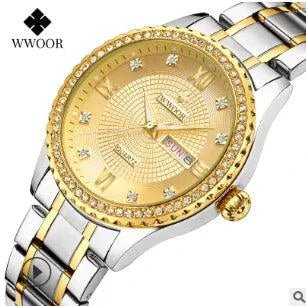 Mandotos WWOOR Elegance gold diamond quartz watch with a sleek design and sparkling dial.