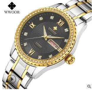 Mandotos WWOOR Elegance gold diamond quartz watch with sleek design and sparkling accents on a white background.