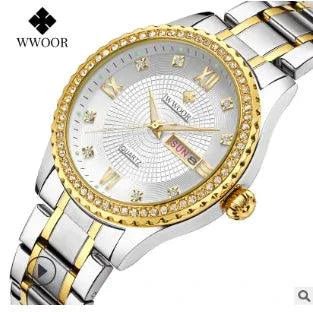 Mandotos WWOOR Elegance gold diamond quartz watch with a sleek design and sparkling accents on the dial.