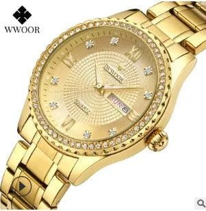 Mandotos WWOOR Elegance gold diamond quartz watch with a sleek design and sparkling diamond accents on the dial.