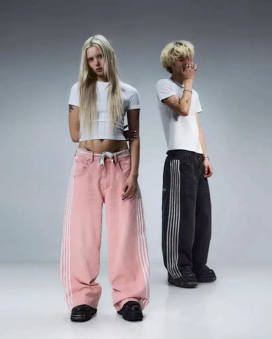 Mandotos Y2K baggy jeans with vintage striped embroidery, wide-leg style, casual streetwear jeans for men and women.