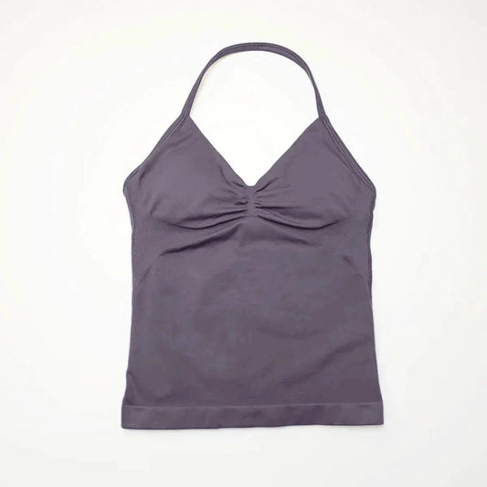 NCLAGEN Impact longline strappy sports yoga vest for women, open-back gym workout tank top with halter design and supportive fit.