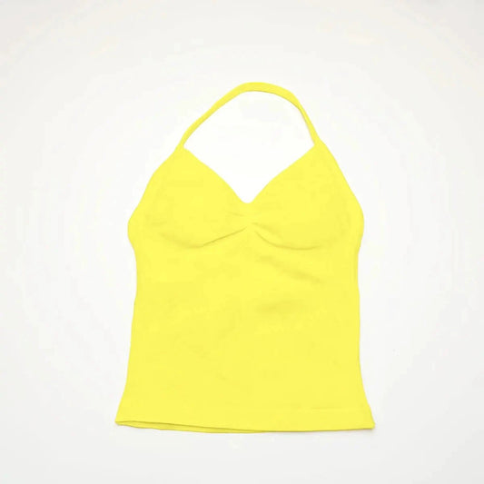 NCLAGEN Impact longline strappy sports yoga vest for women, featuring an open back, halter design, ideal for gym and running workouts.