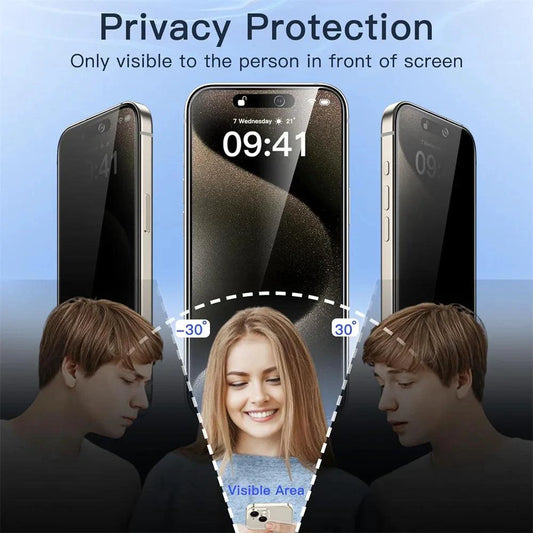 Anti-Spy glass and privacy screen protector for iPhone 16, 15, 14, 13 Pro Max with camera protection, by NHIPPLN.