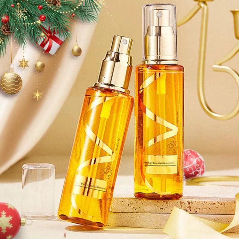 Bottle of Perfume Soft Hair Care Oil, nourishing anti-static spray for frizz-free, shiny, hydrated hair locks.