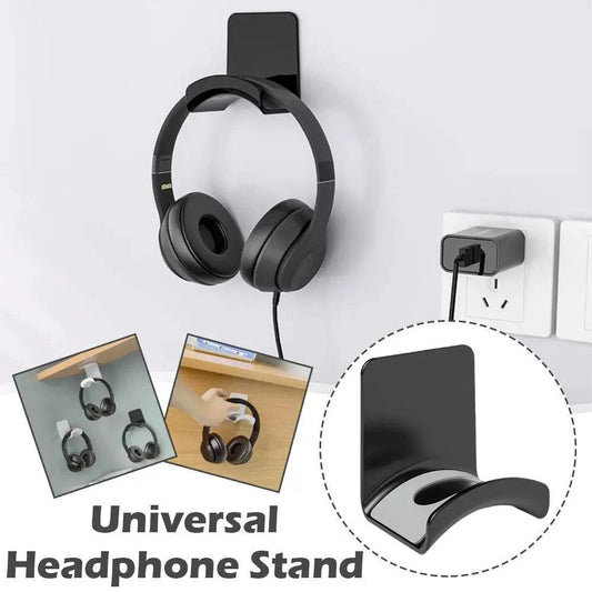 Universal headphone stand wall mount holder in adhesive plastic, supporting gaming earphones and headset under desk or on wall.