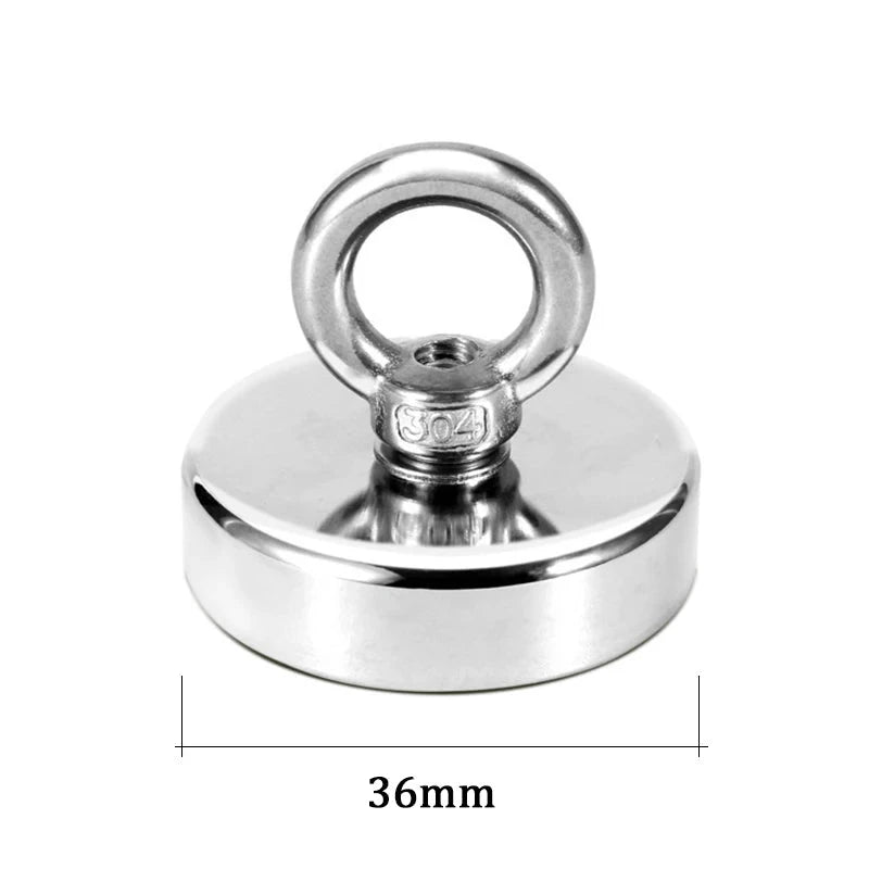 Super strong neodymium fishing magnet with countersunk hole and eyebolt, ideal for salvage and magnetic fishing tasks.