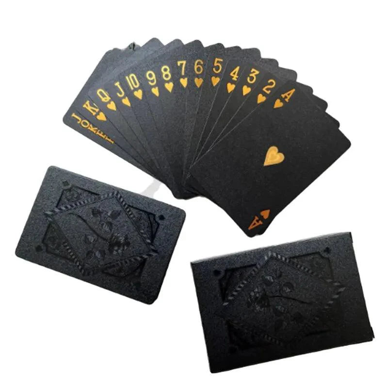 Black and gold waterproof playing cards set featuring poker suits, ideal for magic tricks, card games, and collection use.