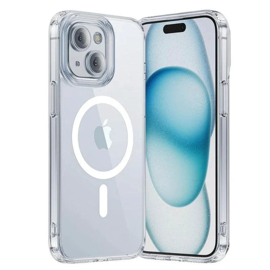 MagSafe compatible magnetic clear case for iPhone 16 to 11 Pro Max, showing the slim design and wireless charging compatibility.