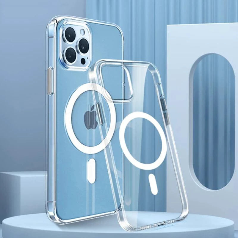 Clear MagSafe compatible magnetic phone case for iPhone 16 to 11 Pro Max, showing the transparent design and magnetic alignment.