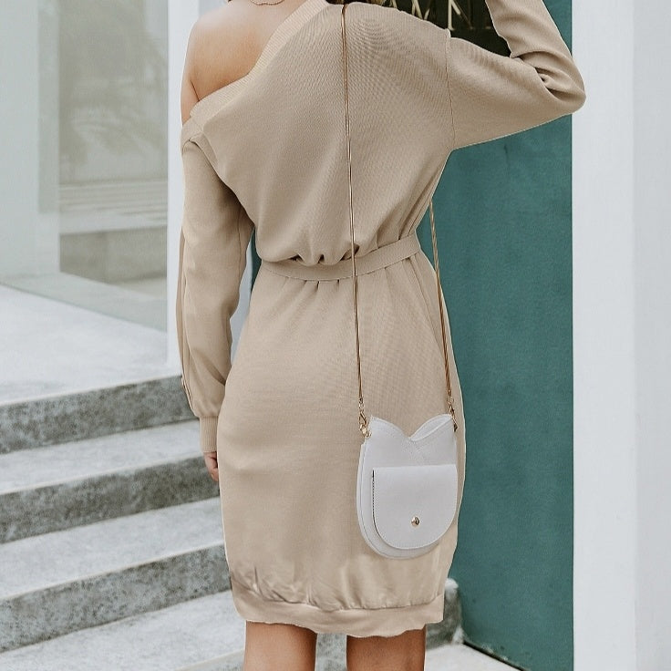 Ladies' Casual Solid Color Sloping Shoulder Collar Fashionable Dress