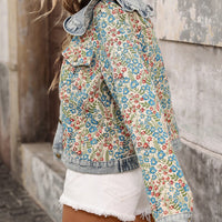 Women's Jacquard Denim Jacket | Ruffled Peter Pan Collar Long-Sleeve Short Jacket in Blue | S–XXL